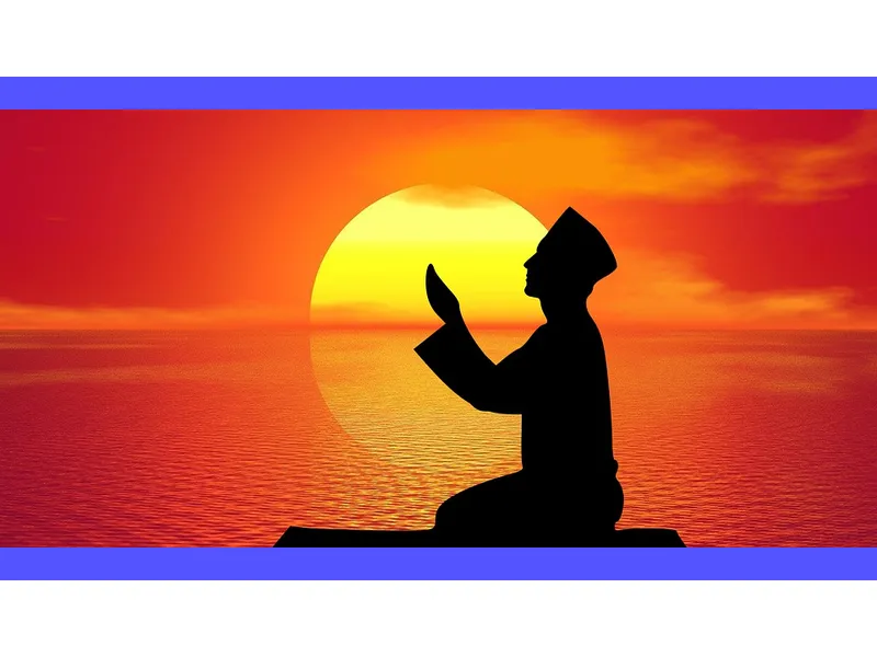 Musulmani in preghiera al tramonto, illustrando la pratica religiosa e la devozione nell'Islam.