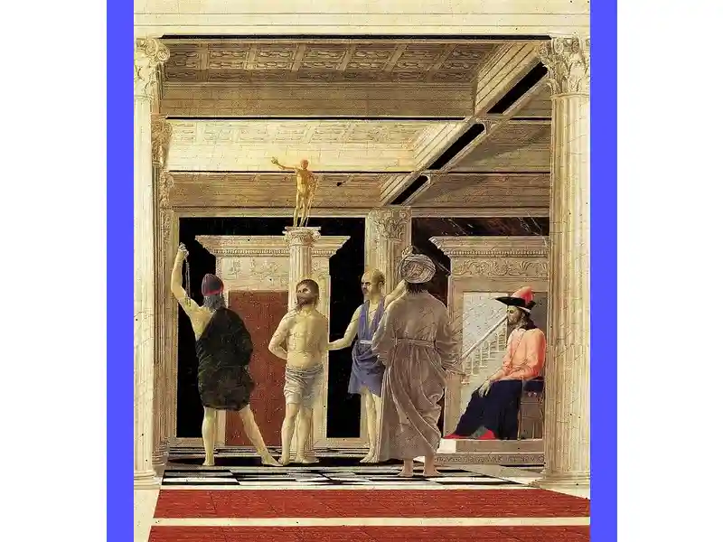 Immagine di una persona con le mani giunte in preghiera, rivolta verso il cielo con uno sguardo sereno e luminoso. La figura trasmette calma e spirito di devozione, rappresentando la ricerca interiore della pace attraverso la preghiera a Gesù.