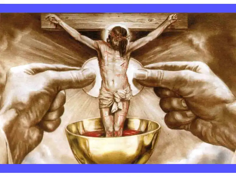 Una luce divina avvolge un calice con il Sangue di Gesù, simbolo di salvezza e protezione, nell'articolo che rivela il potere straordinario delle preghiere rivolte a Lui.