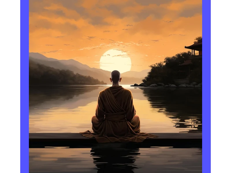 Immagine di una persona in meditazione profonda, circondata da antiche icone sacre e una luce riflessa che crea un'atmosfera di serenità e tranquillità. Sfondo con colori caldi e rilassanti.