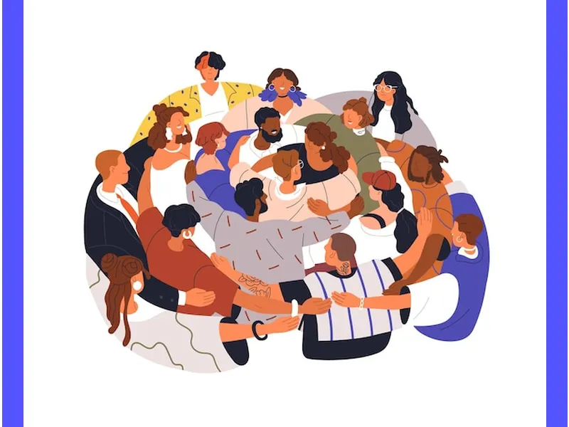 Immagine: Gruppo di persone abbracciate in cerchio, con espressioni di solidarietà e compassione, mentre si tengono per mano e si sostengono reciprocamente. Sfondo di un paesaggio urbano distrutto dal terremoto, simbolo di speranza e unità durante momenti di difficoltà.