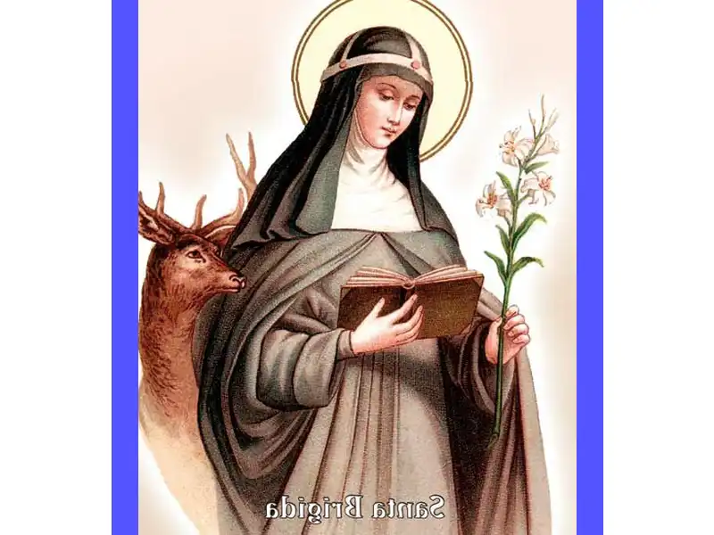 Santa Brigida in preghiera davanti a un crocifisso, con un libro aperto accanto a lei. Riflessioni sul significato e l'importanza delle preghiere di Santa Brigida.