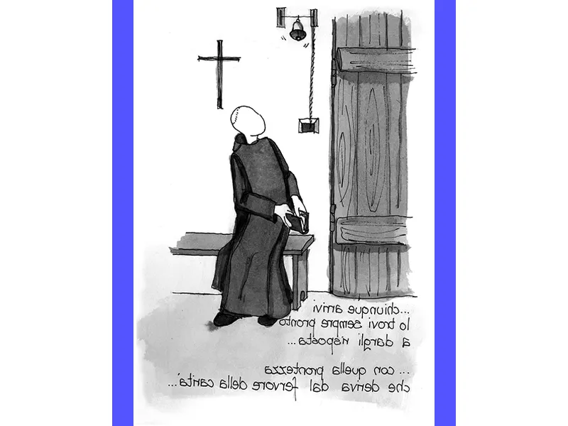 Immagine di una persona in preghiera accanto a una statua di San Benedetto, simbolo di pace e serenità interiore. Illustrazione perfetta per accompagnare la tua pratica di preghiera e trovare la tranquillità spirituale che cerchi.