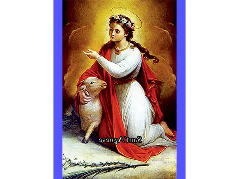 Immagine raffigurante Sant'Agnese in preghiera con le mani giunte e lo sguardo rivolto al cielo, simbolo di devozione e fede nella spiritualità cristiana.