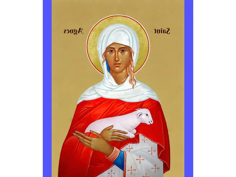 Illustrazione artistica di Sant'Agnese in preghiera, simbolo di fede e devozione, con uno sfondo suggestivo che trasmette serenità e spiritualità.