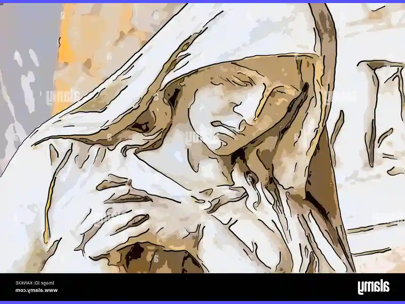 Immagine illustrativa di una donna con le mani giunte in preghiera davanti a una statua di Sant'Agata, simbolo di fede e protezione. La luce soffusa illumina il volto sereno della donna, creando un'atmosfera di pace e speranza.